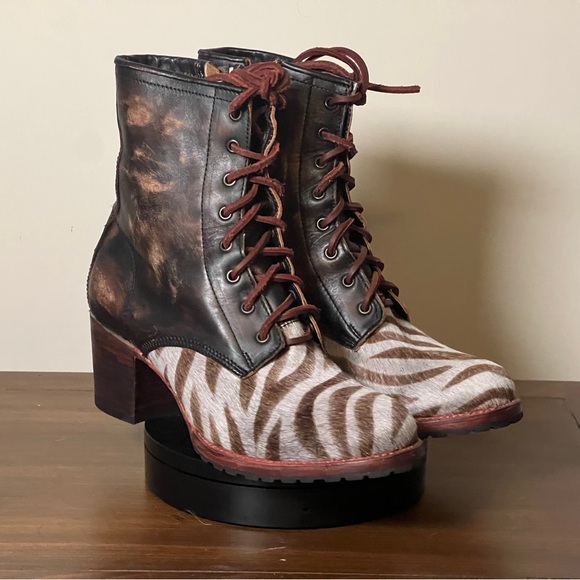 Freebird Cavalier Brown Leather and Zebra Calf-Hair Combat Boots Size 12 - Picture 1 of 12